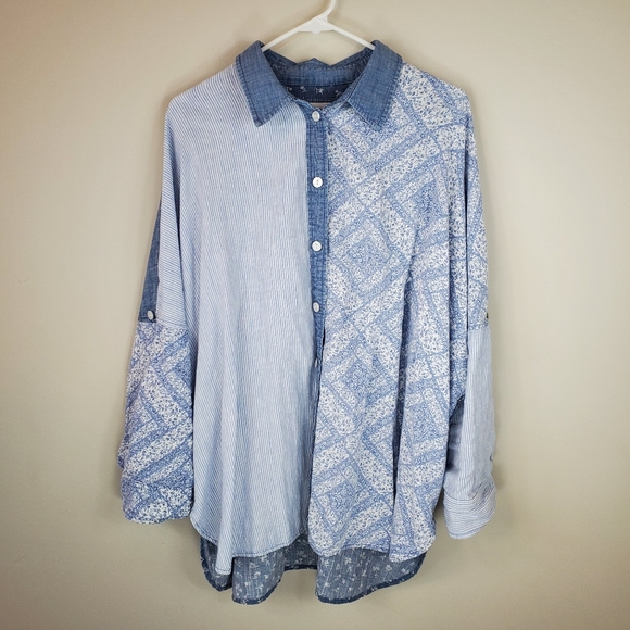 American Eagle Size M Blue Linen Blend Multi Pattern Oversized Button Up - Picture 1 of 12